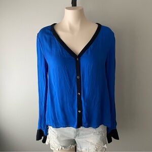 Chelsea Flower 100% Silk Blouse Top Button Down Split Tulip Back Cobalt Blue